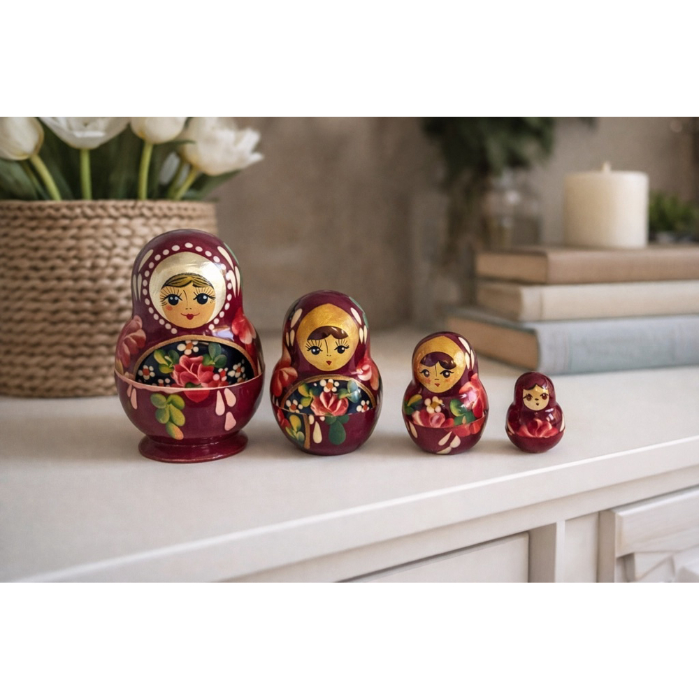 Russian Nesting Doll Wooden Matryoshka Set of 5 Red Roses Blue Eyes Red Hair